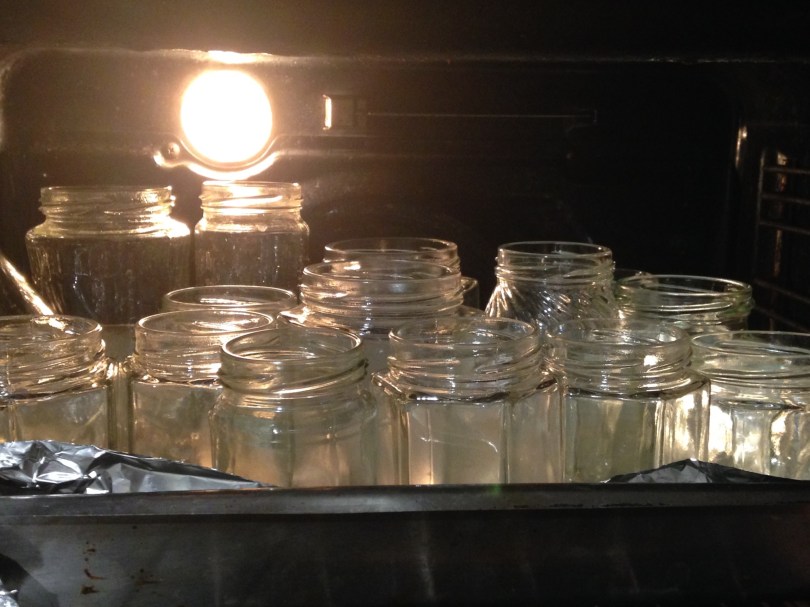 Sterilised jars in the oven to dry 