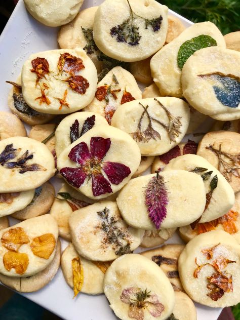 Edible flower shortbread biscuits ready to eat.